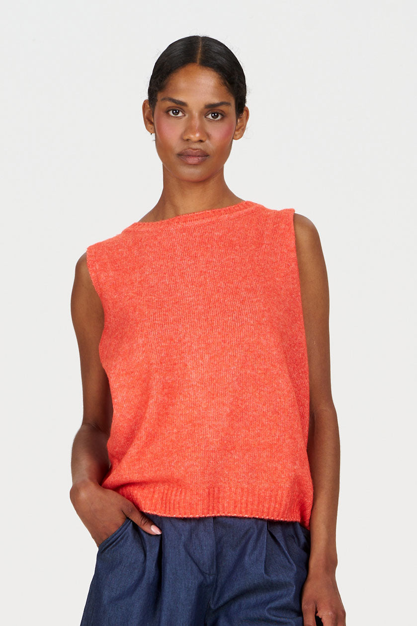 BLAKE Recycled Poly Vest - Orange worn by a model, showcasing its vibrant color and relaxed fit.