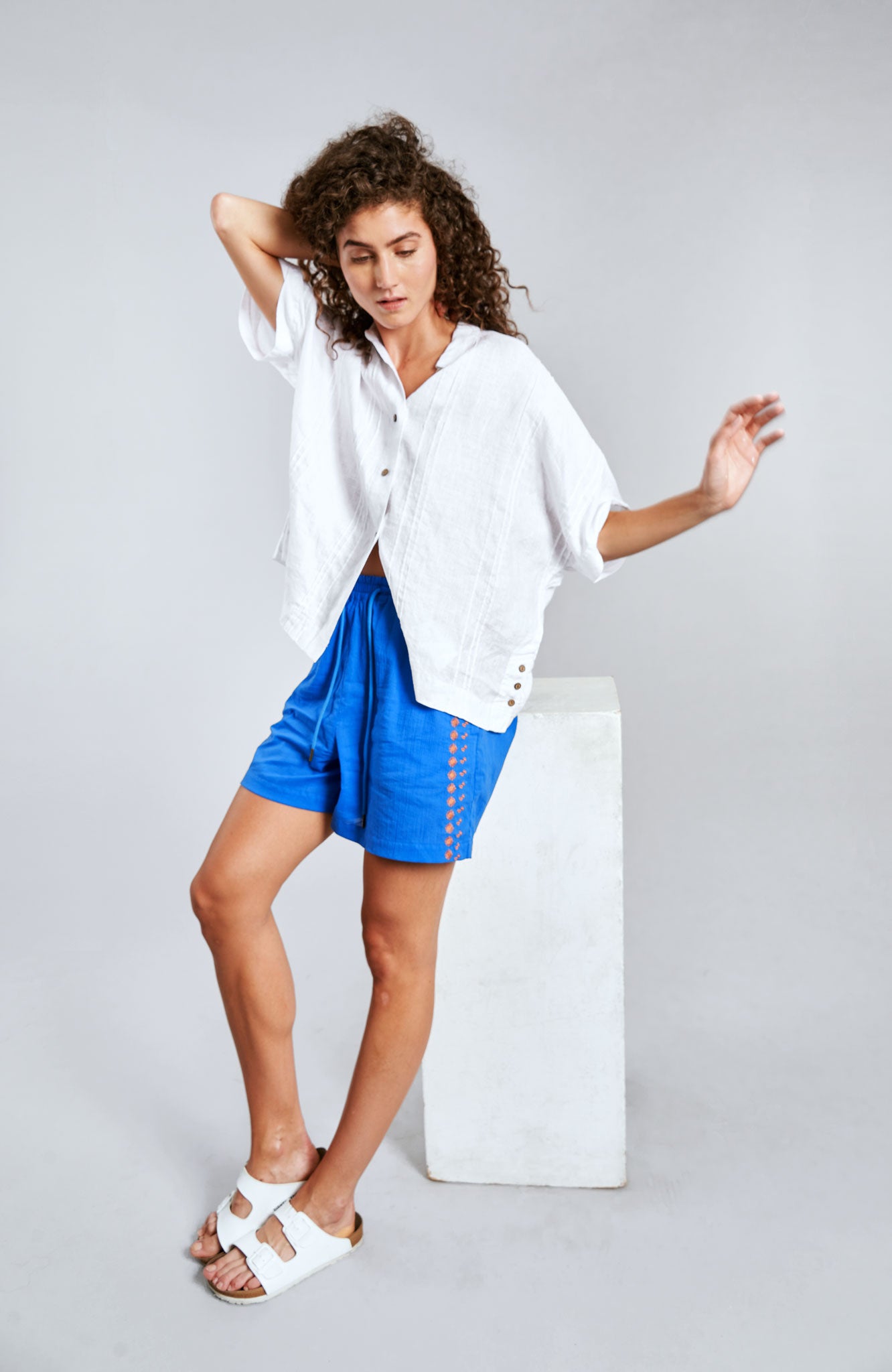 LEAH - Organic Cotton Embroidery Shorts Sapphire Blue