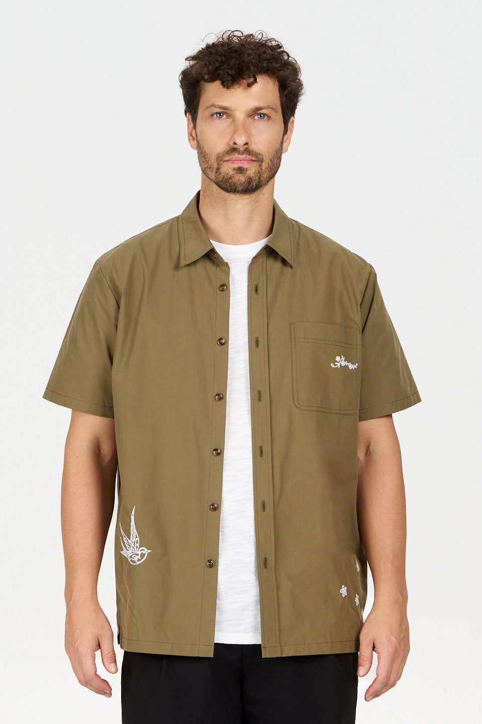 LOYLE Organic Cotton Shirt - Olive, short sleeve, loose fit, 100% organic cotton, stylish olive color.