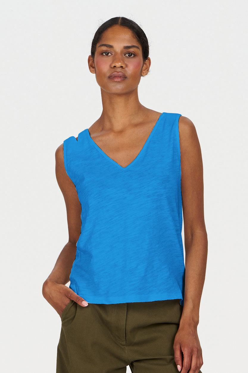 MALA Organic Cotton Vest - Cobalt, lightweight blue vest made from 100% organic cotton, featuring a V-neck design.