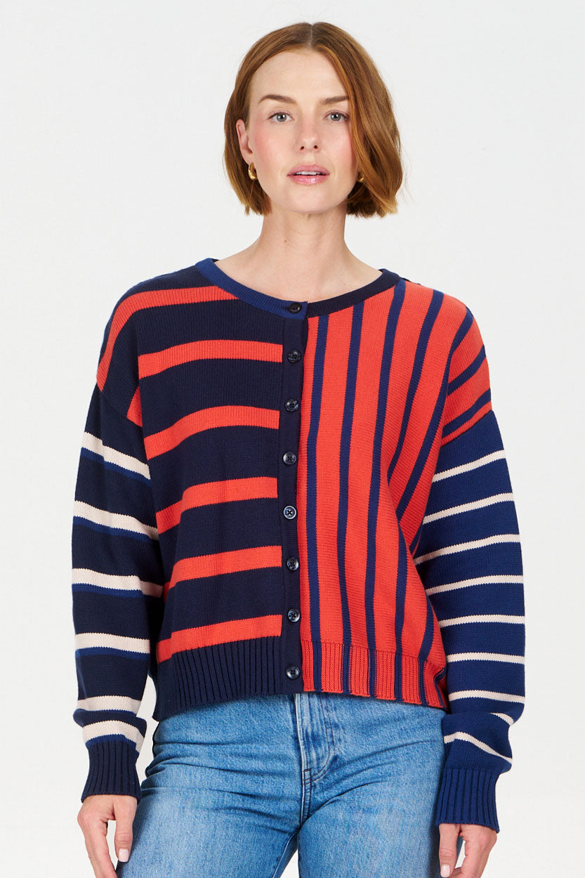MISH MASH Organic Cotton Cardigan featuring bold red and navy stripes, perfect for casual styling.