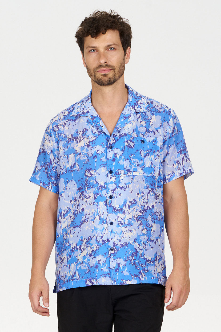 SPINDRIFT Printed Tencel Shirt - Acid Blue, featuring an abstract print and a loose fit, perfect for a stylish summer look.