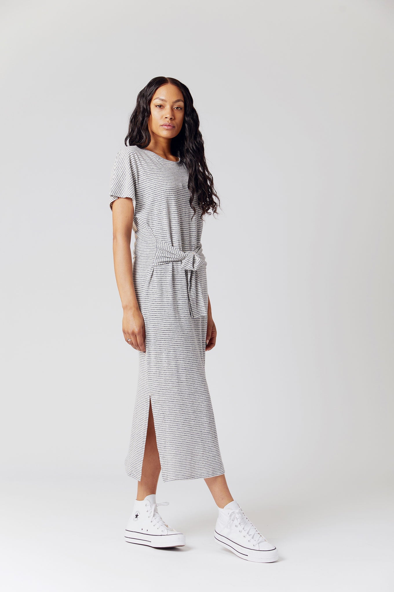 Dress - FONDA Organic Linen And Recycled PET Jersey Dress Navy Stripe