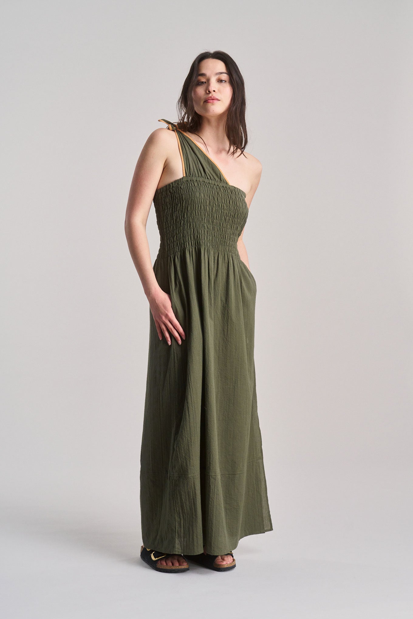 BOMA Organic Cotton Seersucker Dress - Khaki