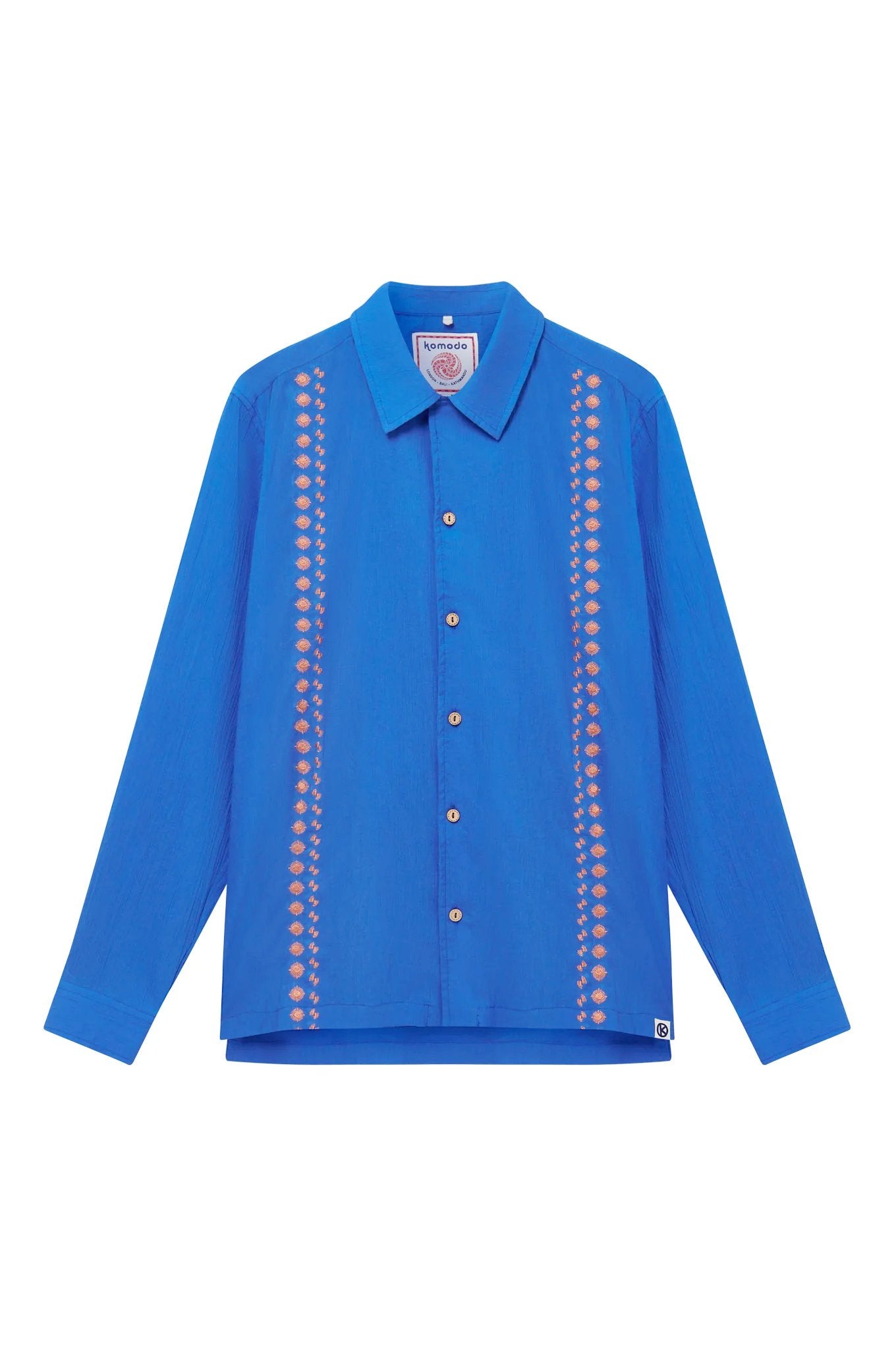 NILE - Organic Cotton Shirt Bali Fans Embroidery Sapphire Blue