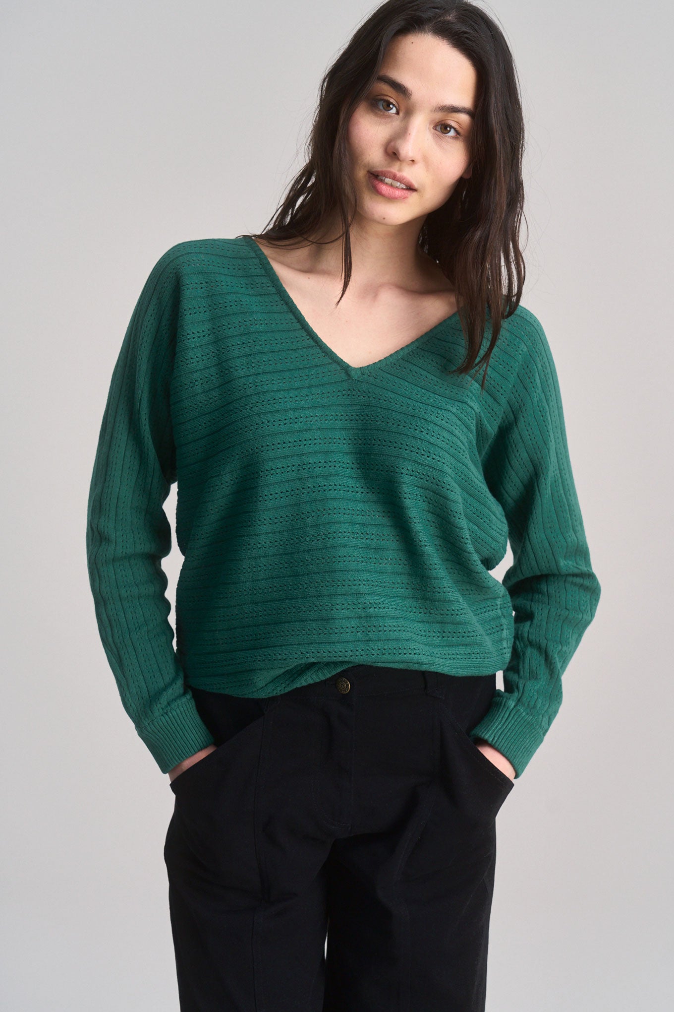 CLOVER - Pointelle Knit Organic Cotton Jumper - Dark Green