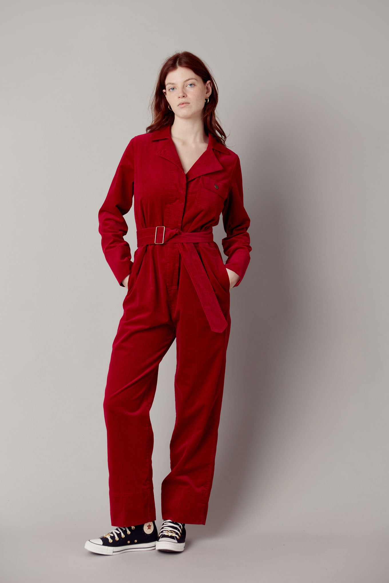 ELECTRA - Organic Cotton Needle Cord Jumpsuit Cherry