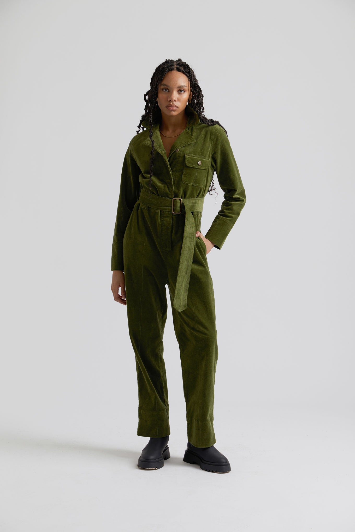 ELECTRA - Organic Cotton Needle Cord Jumpsuit Pine Green