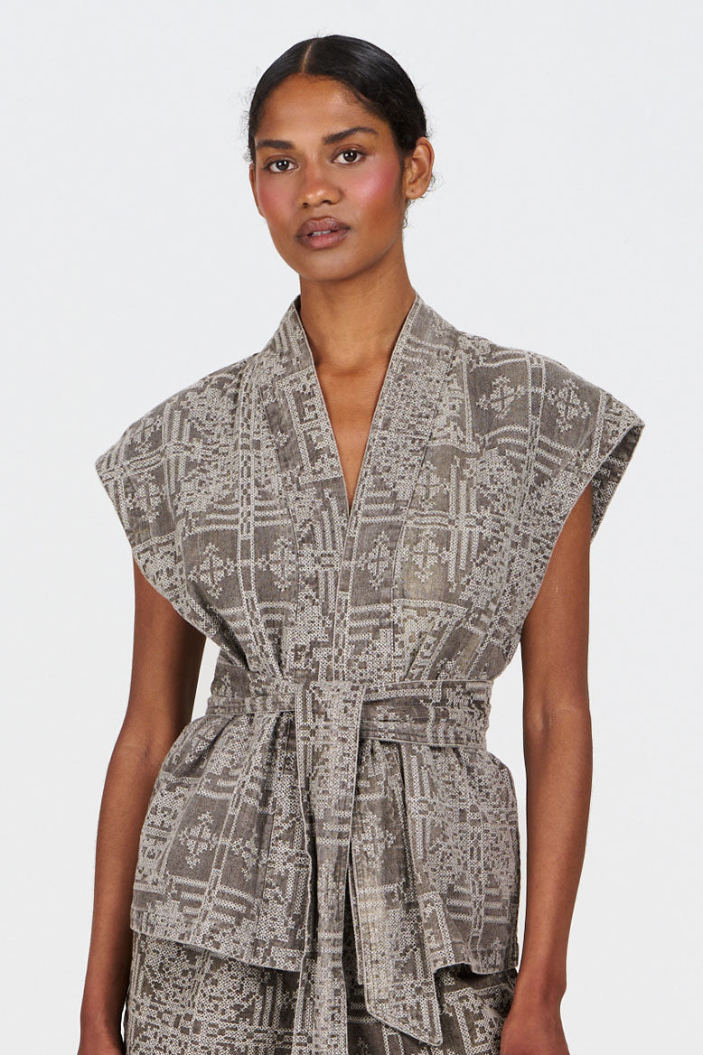 GEORGIE Organic Linen Cotton Gilet -  Mushroom Crossstich