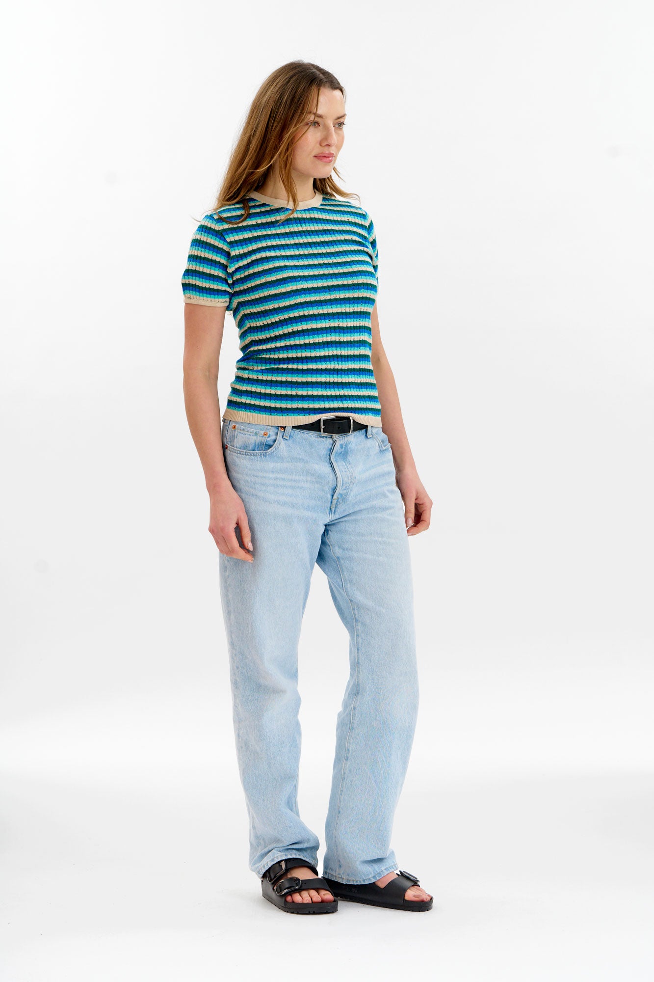 PENELOPE Organic Cotton Pointelle Knit Tee - Ocean