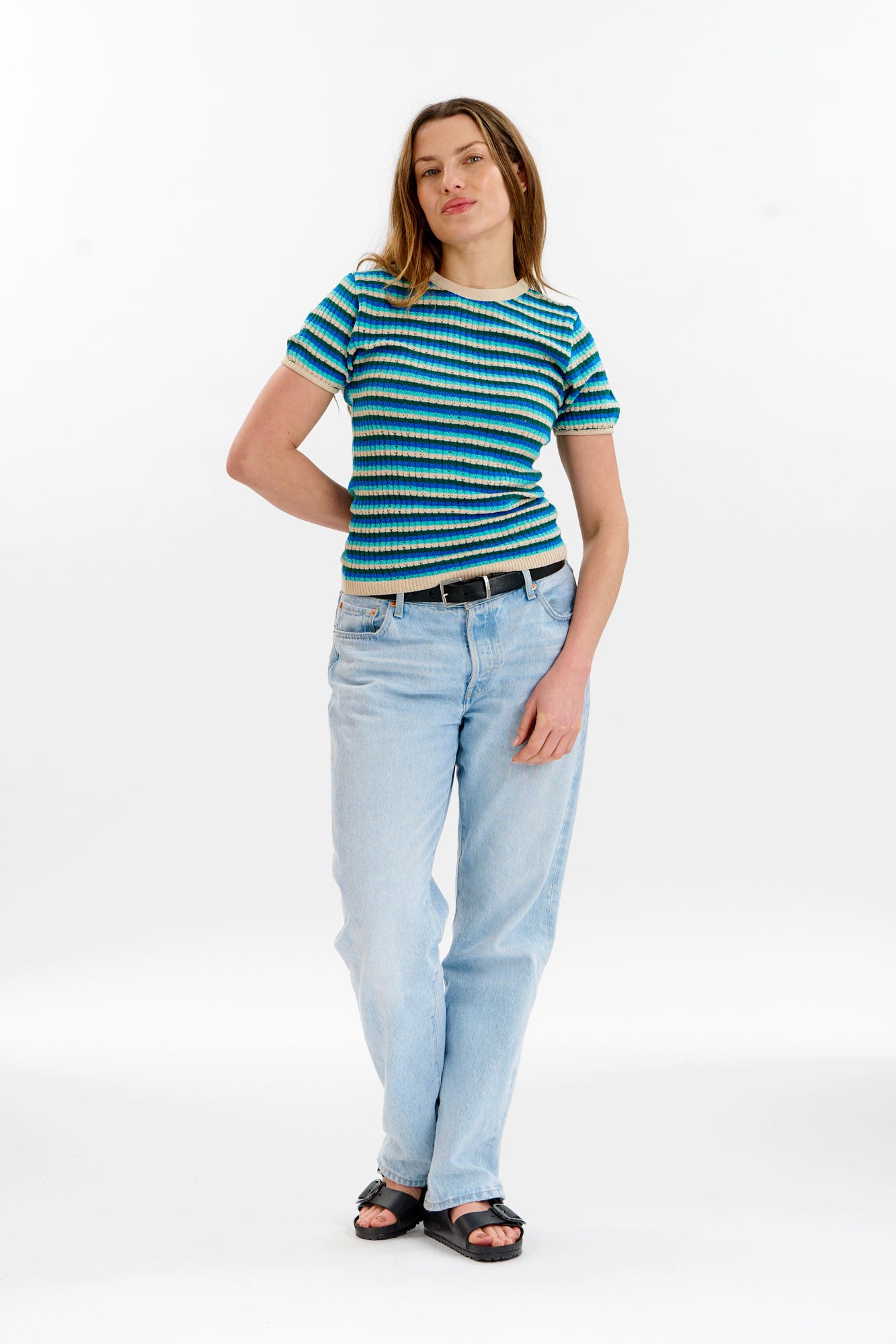 PENELOPE Organic Cotton Pointelle Knit Tee - Ocean