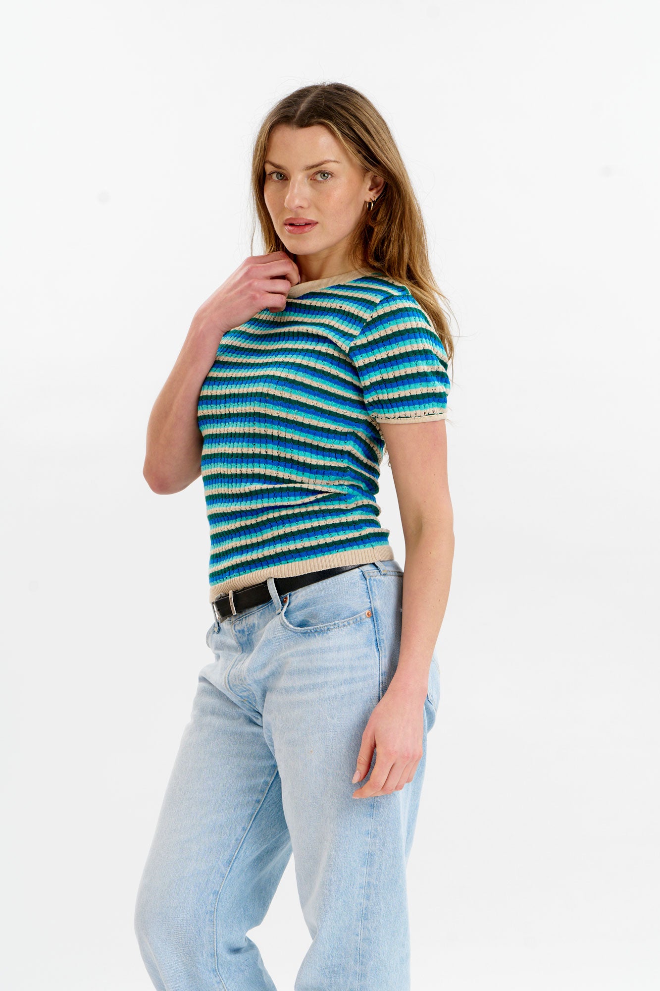 PENELOPE Organic Cotton Pointelle Knit Tee - Ocean