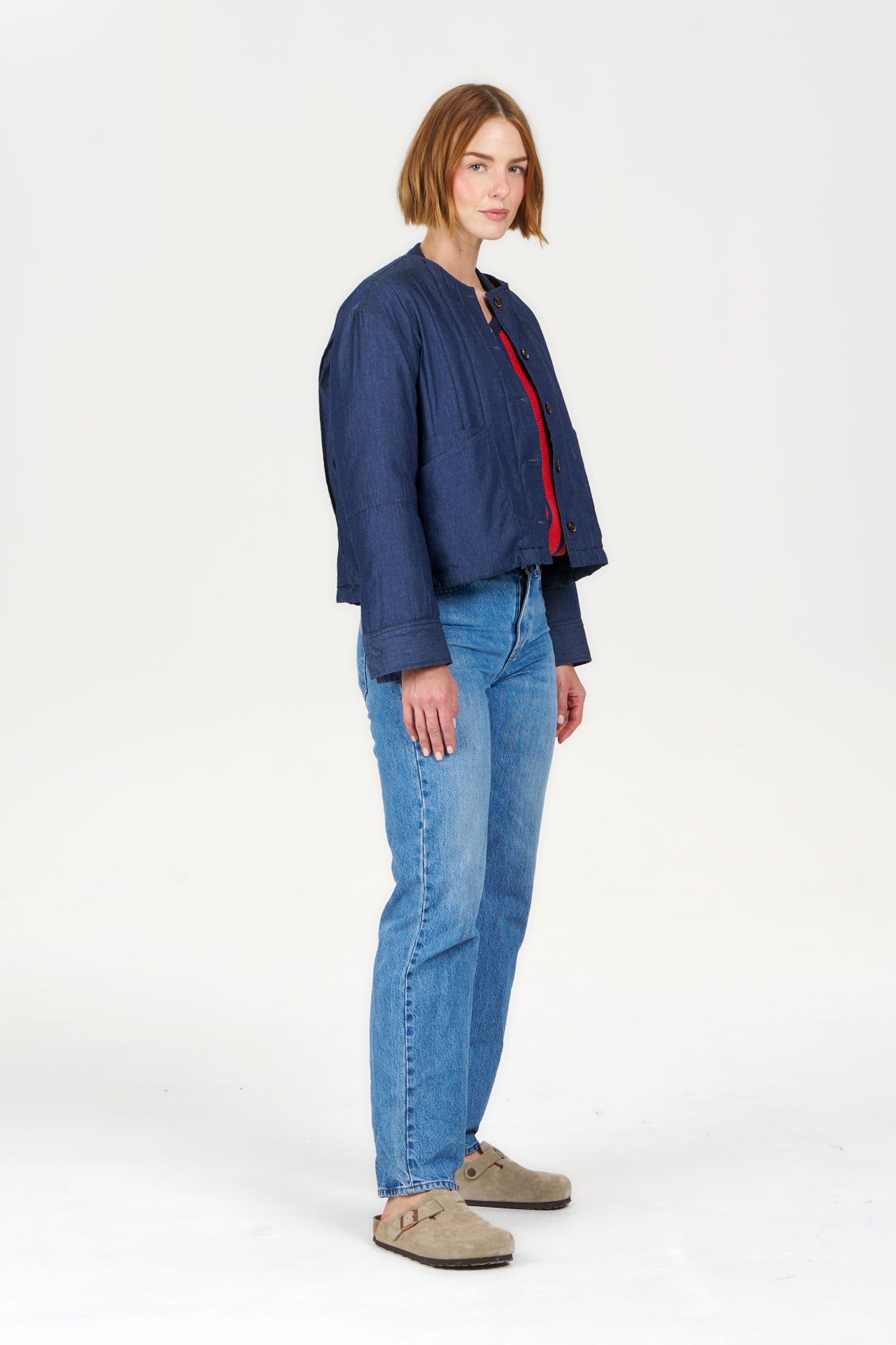 LOTTIE Organic Cotton Jacket - midwash showcased on a model wearing casual jeans and footwear.