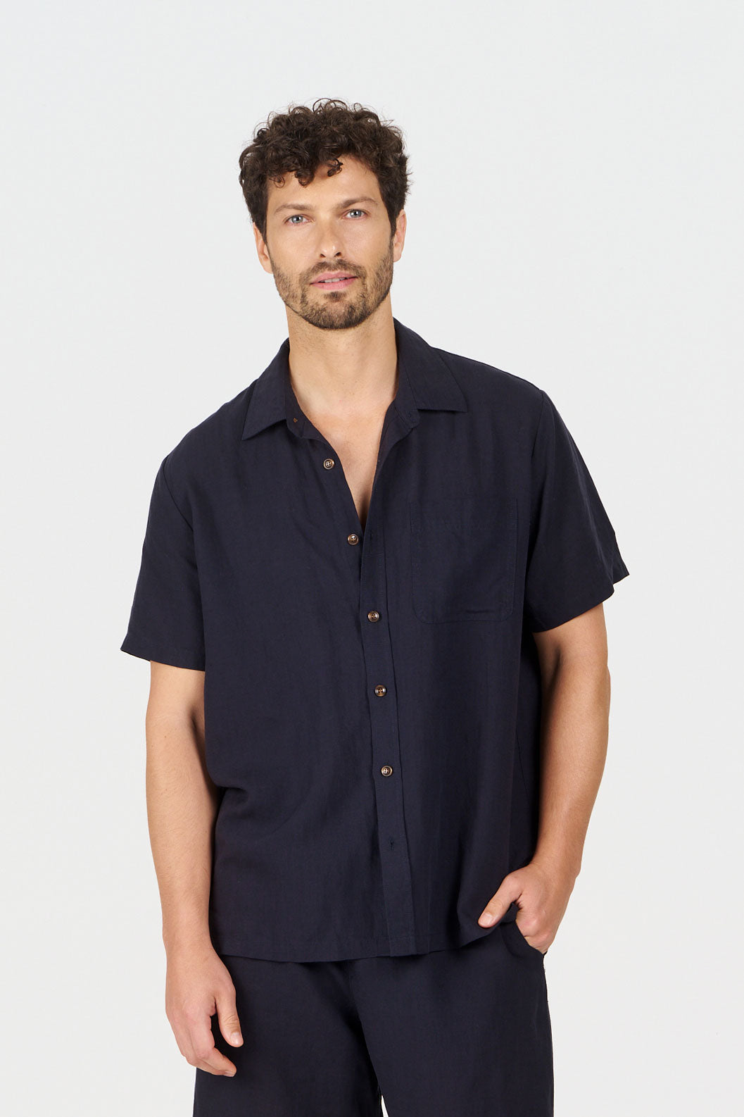 LOYLE Tencel Linen Shirt - Navy worn by model, showcasing loose fit and lightweight fabric.