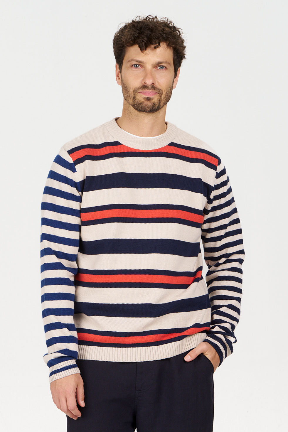 MASH UP Organic Cotton Jumper displayed on a model with bold stripes and a loose fit.
