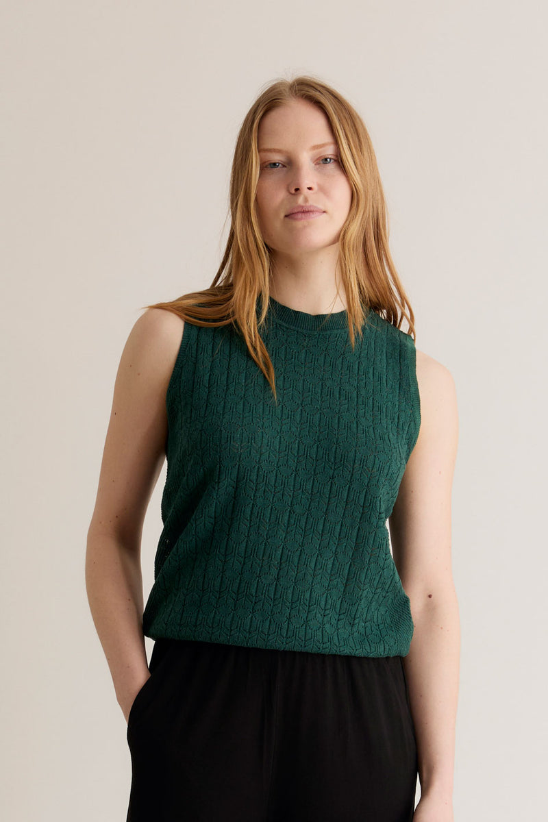 MILA - Organic Cotton Pointelle Knit Vest Dark Green