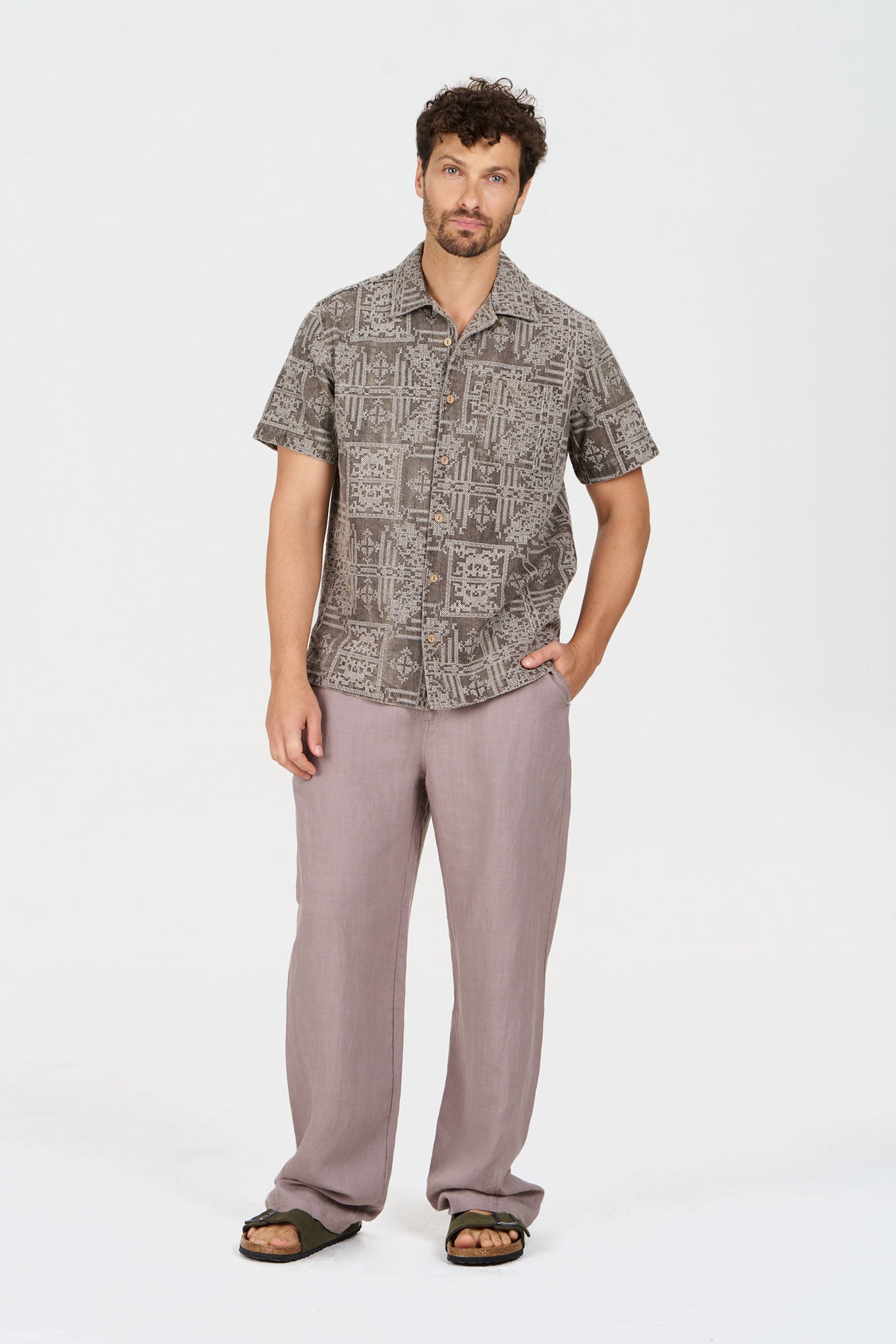 SPINDRIFT Embroidered Organic Linen Shirt worn by a model, showcasing relaxed fit and unique design.