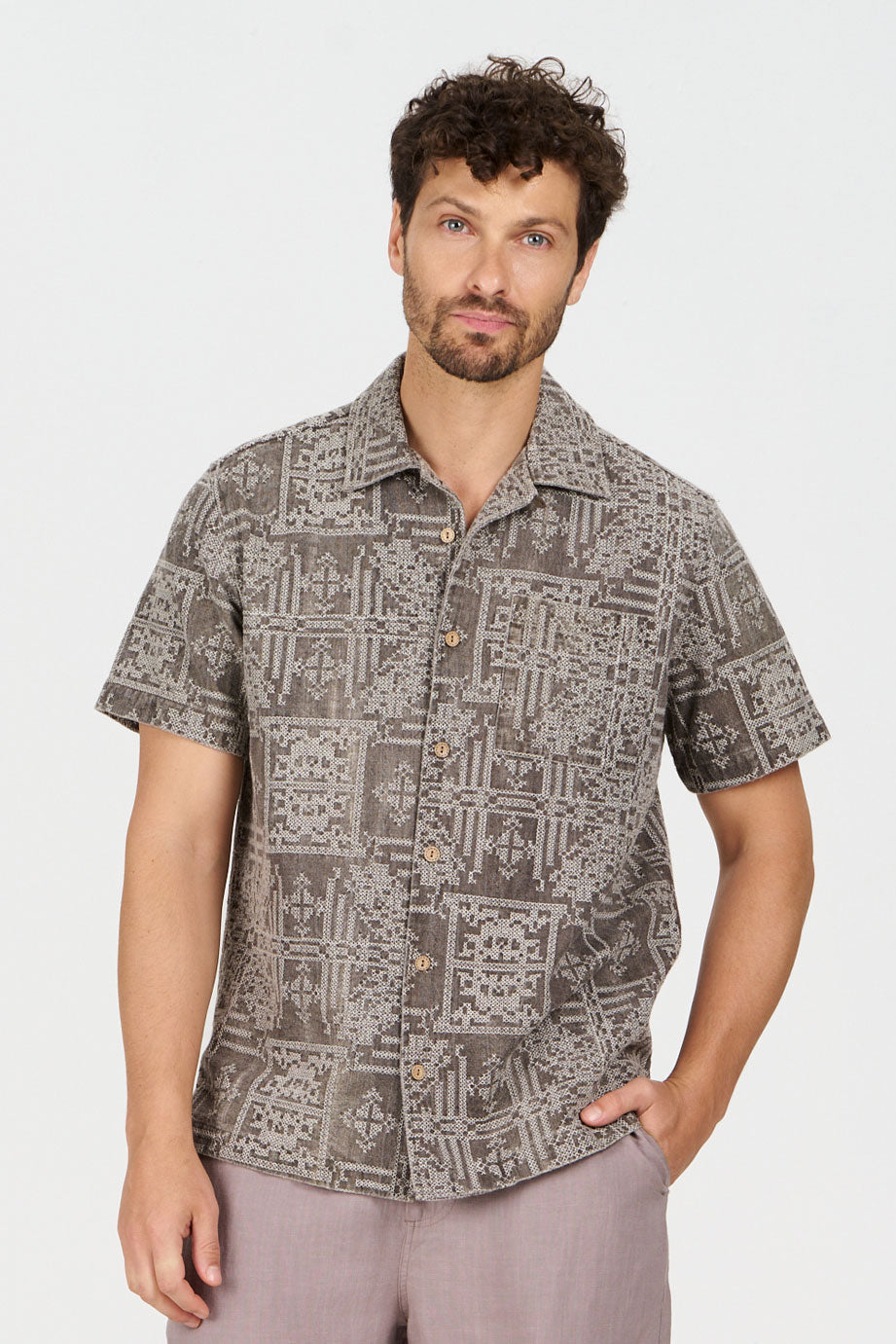 SPINDRIFT Embroidered Organic Linen Shirt in mushroom color featuring unique embroidery design.