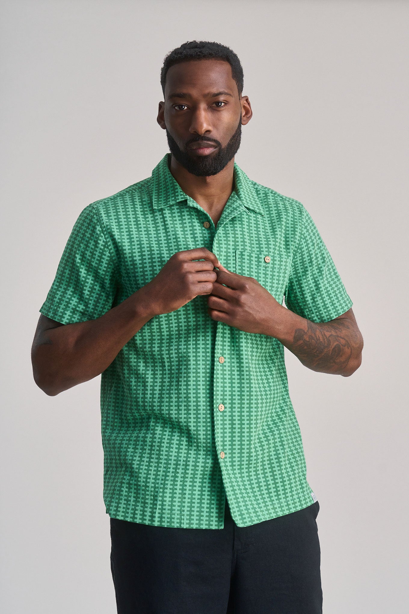 SPINDRIFT - Organic Cotton Shirt - Green Bolt Stripe