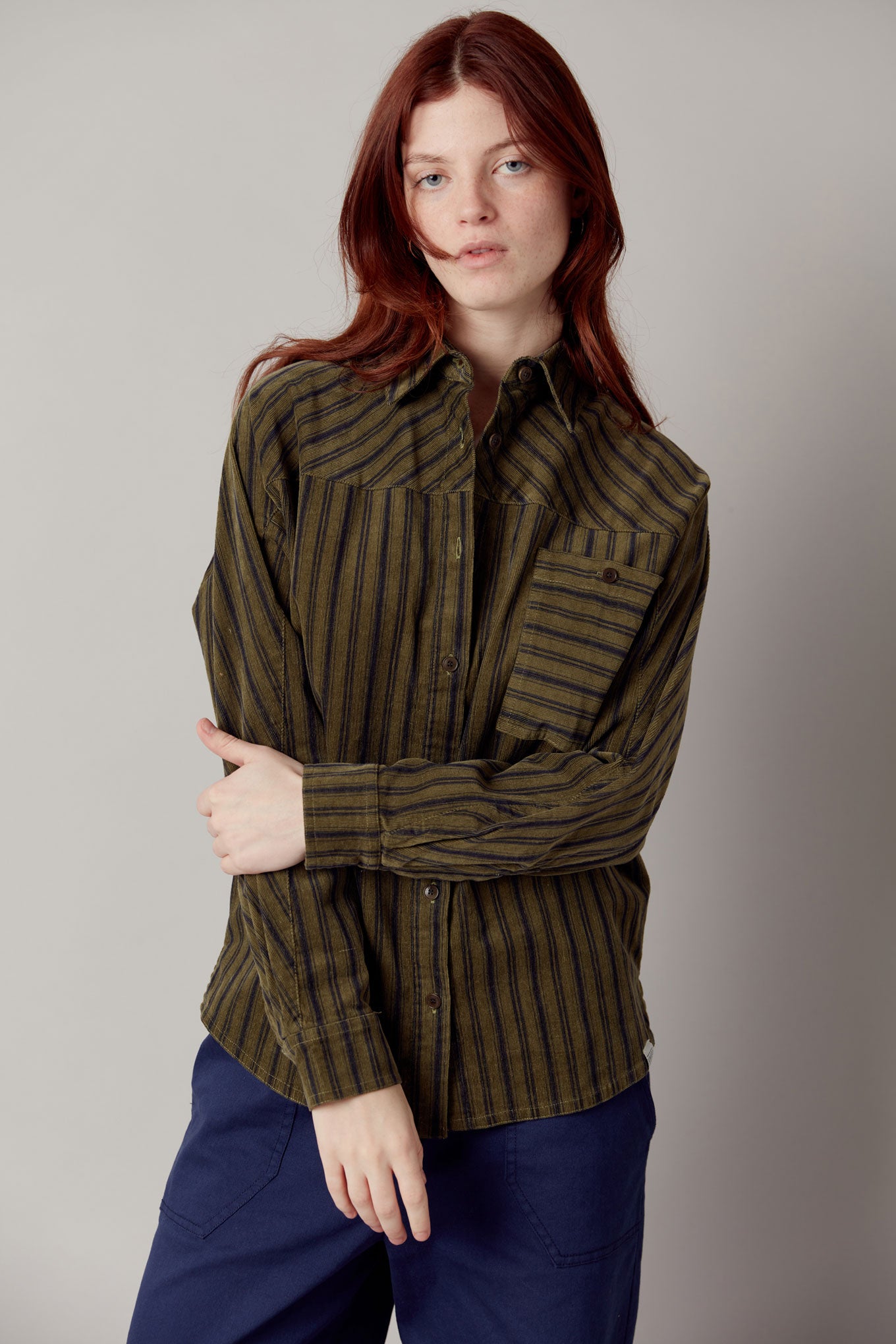 STELLA - Organic Cotton Needle Cord Shirt Green Stripe