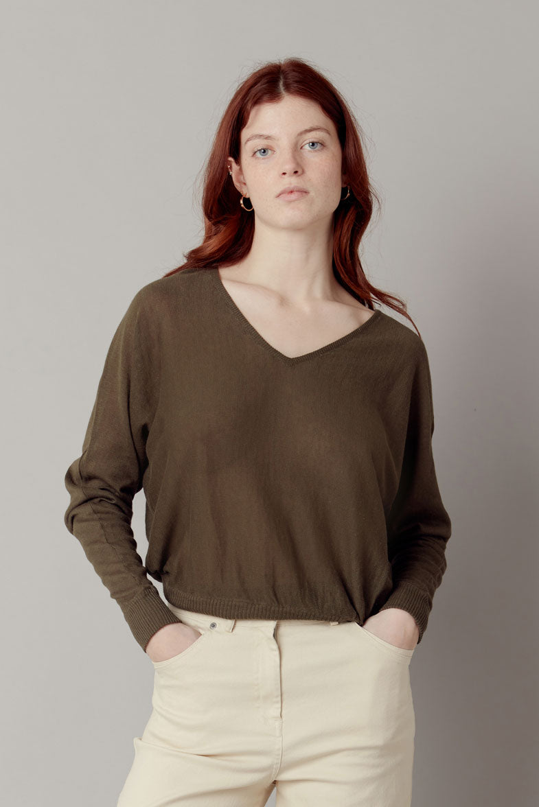 CLOVER Organic Linen Batwing Jumper - Dark Khaki