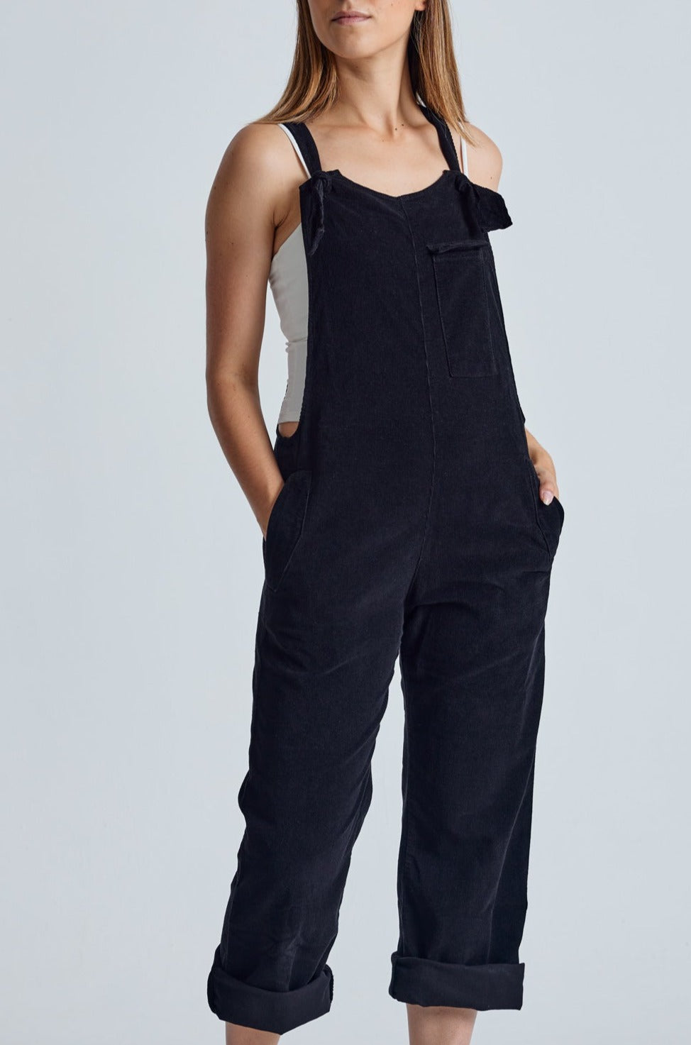 MARY-LOU Black - Organic Cotton Cord Dungarees by Flax & Loom
