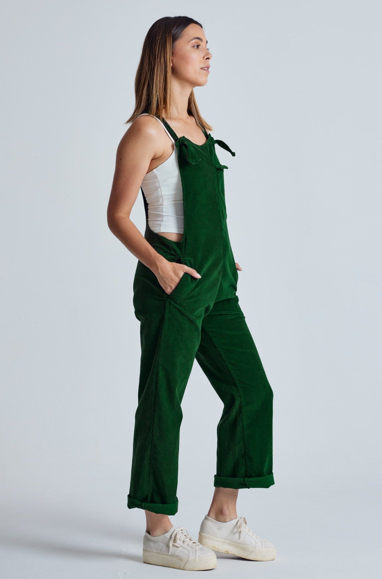 MARY-LOU Green - Organic Cotton Cord Dungarees by Flax & Loom