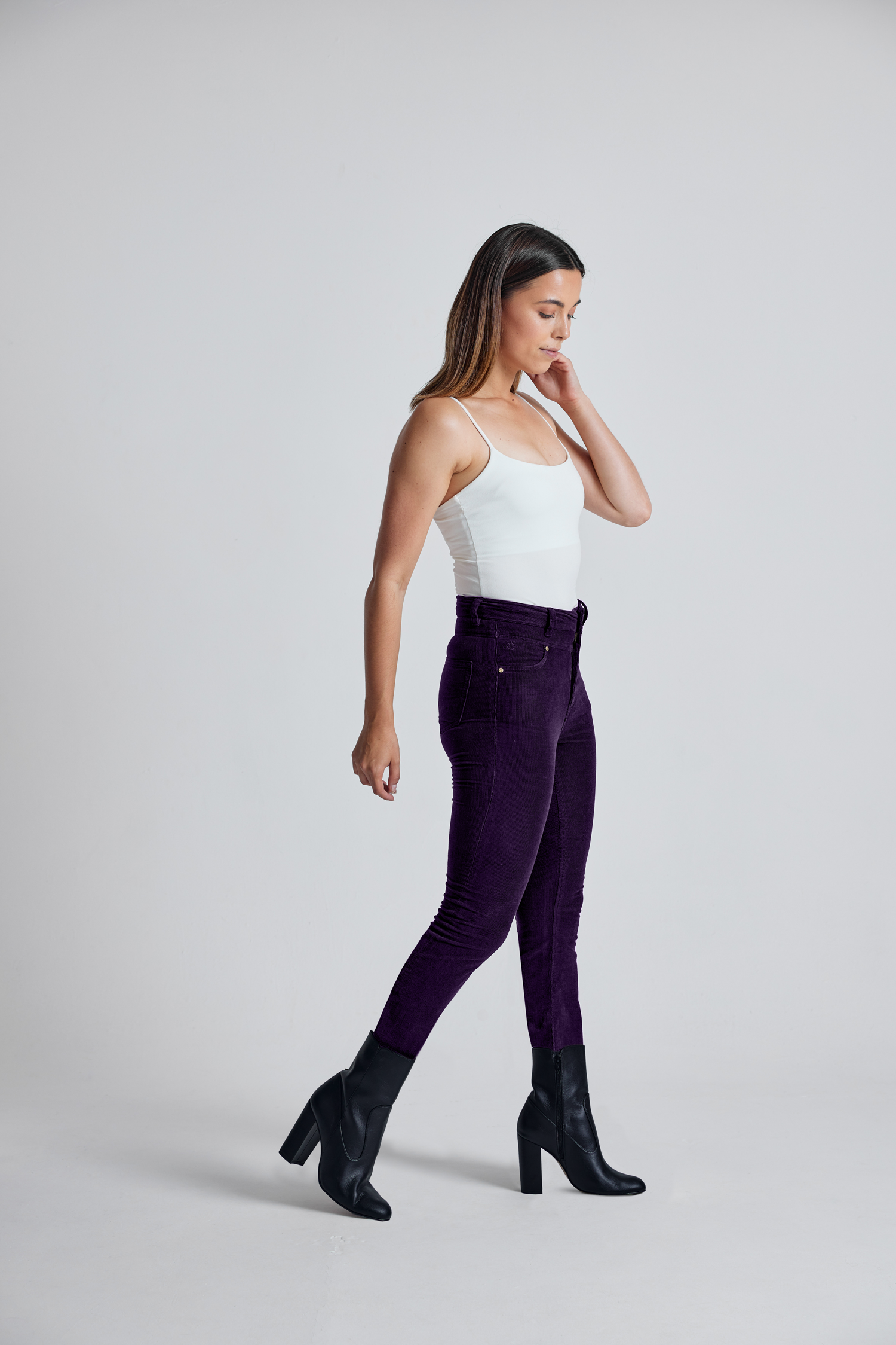 NINA Aubergine - Organic Cotton Cord High Waist Skinny Jean by Flax & Loom