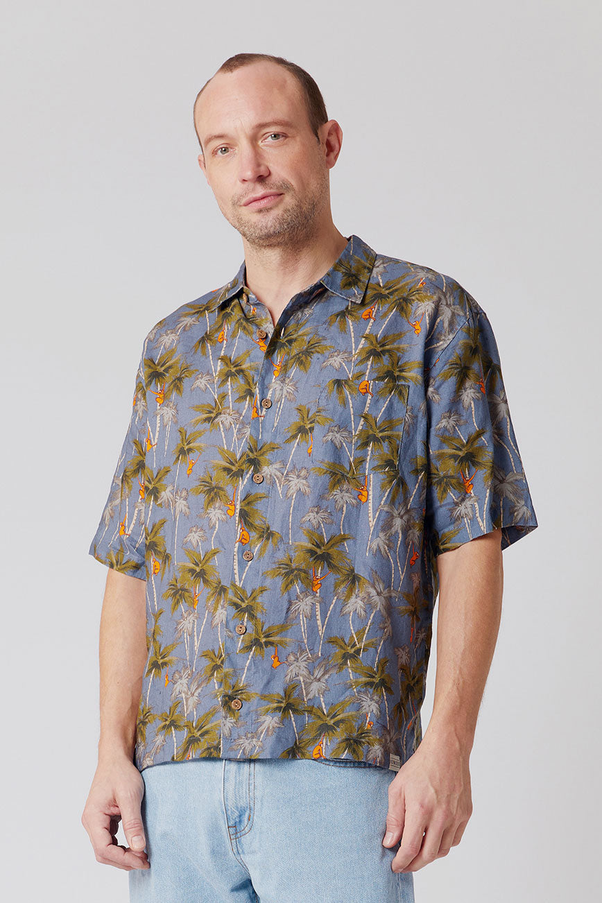 Shirt - DINGWALLS Jungle Print Linen Shirt Blue